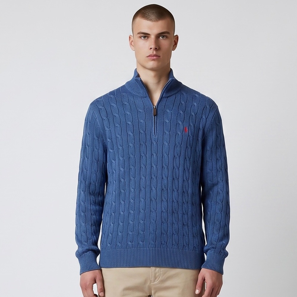 Polo Ralph Lauren Men's Sweater Large Blue 100% Silk Cable Knit 1/4 Zip Pullover